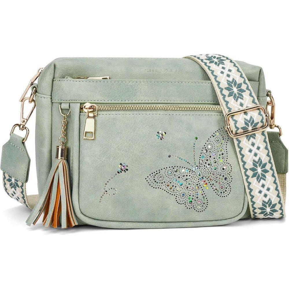 Women’s 02-green Leather Purse Crossbody Bag Handbags Butterfly Design